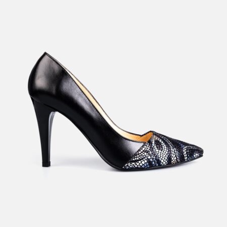 Pantofi stiletto dama din piele naturala - 173 Negru box print